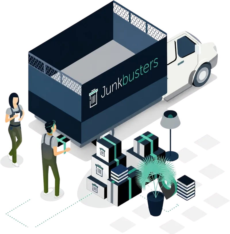 Junkbusters team loading a branded rubbish removal truck